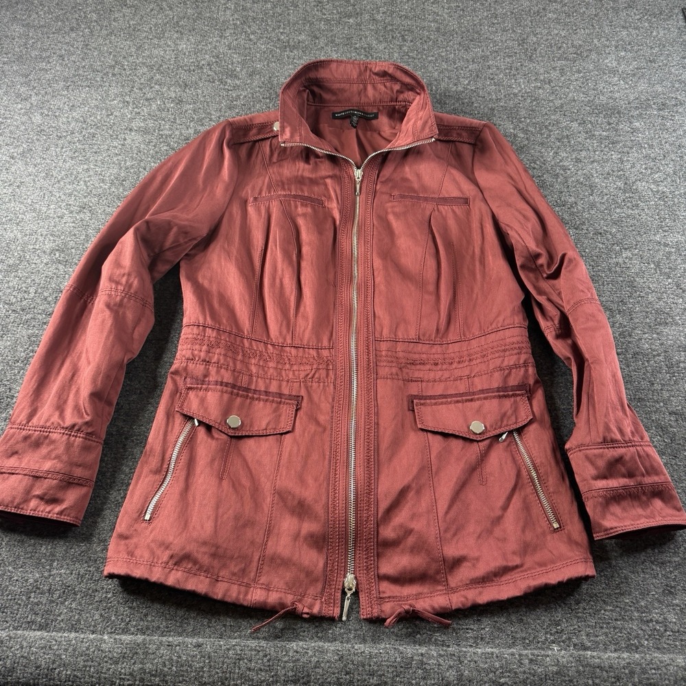 White House Black Market Burgundy Jacket size women's 8 Long Zipper Pockets EUC